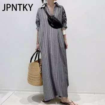 JPNTKY Женская мода осень-зима полосатый принт длинный рукав поло-воротник высокая талия повседневные платья S белый