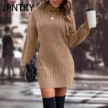 JPNTKY Women s Fashion Casual Autumn Winter Long Sleeve Half Turtleneck Loose Sweaters Dress S хаки