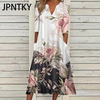 JPNTKY Женская мода Лето Весна Цветочный Принт Повседневные Платья 2/1 Рукав V-образный вырез S