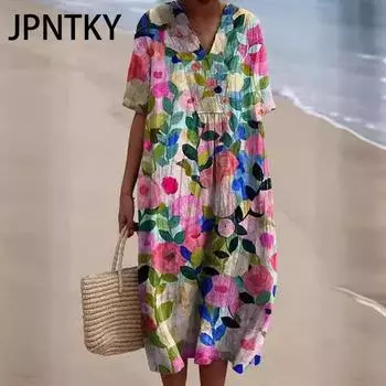 JPNTKY Женская мода Лето Весна Цветочный принт Короткие рукава V-образный вырез Повседневные платья S красный