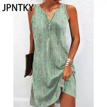 JPNTKY Женская мода Лето Весна Цветочный принт Без рукавов V-образный вырез Повседневные платья S