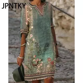 JPNTKY Женская мода Лето Весна Цветочный Принт Повседневные Платья 2/1 Рукав V-образный вырез S зелёный