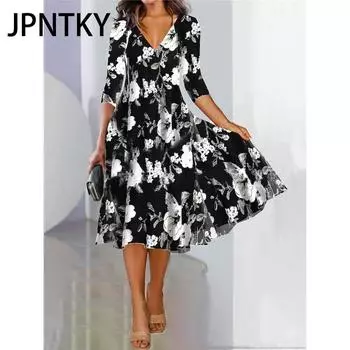 JPNTKY Женская мода Лето Весна Цветочный принт V-образный вырез Повседневные платья S