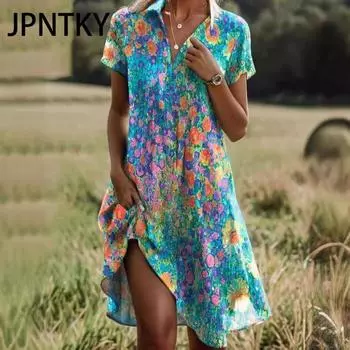 JPNTKY Женская мода Лето Весна Цветочный принт Короткие рукава V-образный вырез Повседневные платья S коричневый