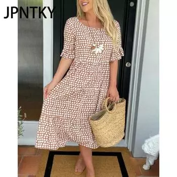 JPNTKY Женская мода Лето Весна Цветочный принт Короткие рукава V-образный вырез Повседневные платья S чёрный