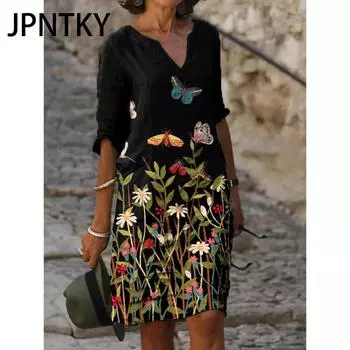 JPNTKY Женская мода Лето Весна Цветочный принт Короткие рукава V-образный вырез Повседневные платья S