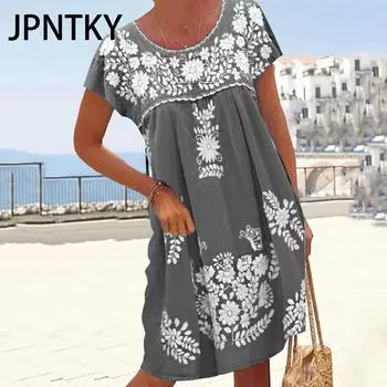 JPNTKY Женская мода Лето Весна Цветочный принт Короткие рукава О-образный вырез Повседневные платья S зелёный