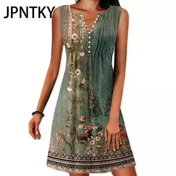 JPNTKY Женская мода Лето Весна Цветочный принт Без рукавов V-образный вырез Повседневные платья S зелёный
