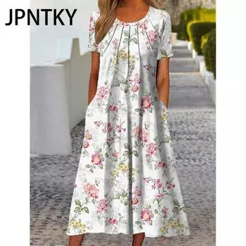 JPNTKY Женская мода Лето Весна Цветочный принт Короткие рукава О-образный вырез Повседневные платья S зелёный