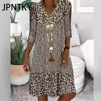JPNTKY Женская мода Лето Весна Цветочный Принт Повседневные Платья 2/1 Рукав V-образный вырез S коричневый