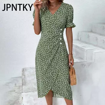 JPNTKY Женская мода Лето Весна Цветочный принт Короткие рукава V-образный вырез Повседневные платья S розы красного