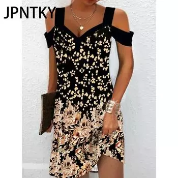 JPNTKY Женская мода Лето Весна Цветочный принт Короткие рукава V-образный вырез Повседневные платья S