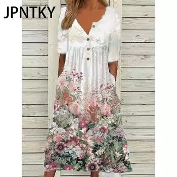 JPNTKY Женская мода Лето Весна Цветочный принт Короткие рукава V-образный вырез Повседневные платья S