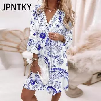 JPNTKY Женская мода Лето Весна Цветочный Принт Повседневные Платья Рукав 3/4 V-образный вырез S белый