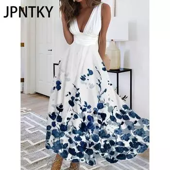 JPNTKY Женская мода Лето Весна Цветочный принт Без рукавов V-образный вырез Повседневные платья S
