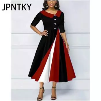 JPNTKY Женская мода лето весна 2/1 рукав V-образный вырез высокая талия повседневные платья S серый