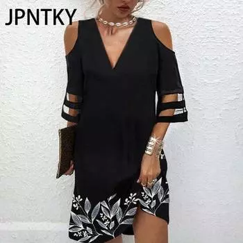 JPNTKY Женская мода лето весна 3/4 рукав V-образный вырез повседневные платья S
