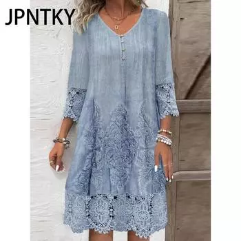 JPNTKY Женская мода лето весна 3/4 рукав V-образный вырез повседневные платья S синий