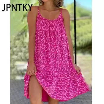 JPNTKY Женская мода лето весна цветочный принт без рукавов U-образным вырезом повседневные платья S розы красного