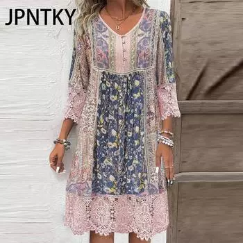 JPNTKY Женская мода Лето Весна Цветочный Принт Повседневные Платья Рукав 3/4 V-образный вырез S розовый