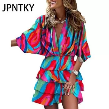 JPNTKY Женская мода лето весна цветочный принт рукав 2/1 V-образный вырез высокая талия повседневные платьяw S разноцветный