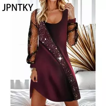 JPNTKY Женская мода лето весна длинный рукав О-образный вырез повседневные платья S чёрный