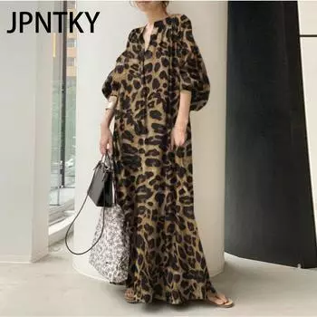 JPNTKY Женская мода лето весна леопардовый принт повседневные платья 2/1 рукав S жёлтый