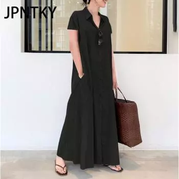 JPNTKY Женская мода лето весна однотонный принт с коротким рукавом поло-шея повседневные платья S бордовый