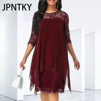 JPNTKY Женская мода лето весна однотонный принт рукав 2/1 О-образный вырез повседневные платья S бордовый