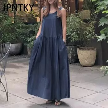 JPNTKY Женская мода лето весна однотонный принт без рукавов с круглым вырезом повседневные платья S тёмно-синий