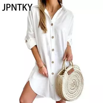 JPNTKY Женская мода лето весна однотонный принт с длинным рукавом поло-шея повседневные платья S белый