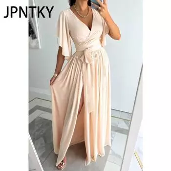 JPNTKY Женская мода лето весна однотонный принт короткий рукав V-образный вырез повседневные платья S красный