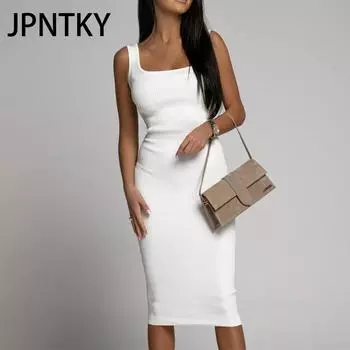 JPNTKY Женская мода лето весна однотонный принт без рукавов с квадратным воротником повседневные платья S белый