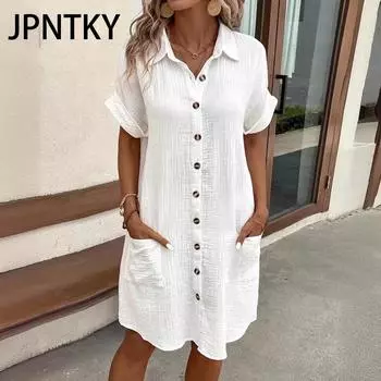 JPNTKY Женская мода лето весна однотонный принт с коротким рукавом поло-шея повседневные платья S белый
