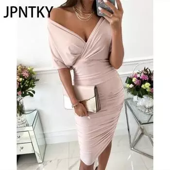 JPNTKY Женская мода лето весна однотонный принт короткий рукав V-образный вырез повседневные платья S