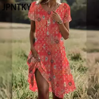 JPNTKY Женская мода лето весна повседневные платья с коротким рукавом и круглым вырезом S красный