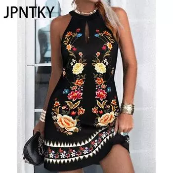 JPNTKY Женская мода лето весна без рукавов О-образный вырез повседневные платья S