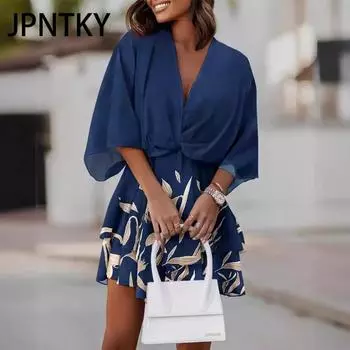 JPNTKY Женская мода лето весна с коротким рукавом V-образным вырезом с высокой талией повседневные платья S