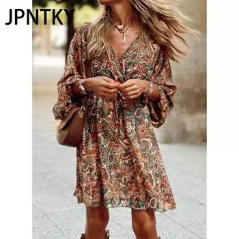 JPNTKY Женская мода осень-зима цветочный принт длинный рукав V-образный вырез повседневные платья S красный