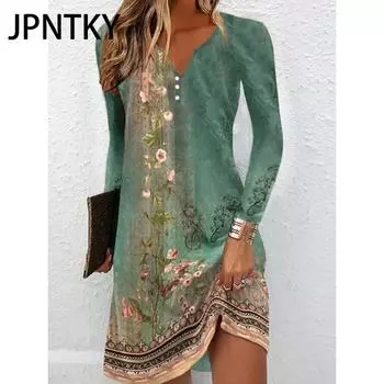 JPNTKY Женская мода осень-зима цветочный принт длинный рукав V-образный вырез повседневные платья S зелёный