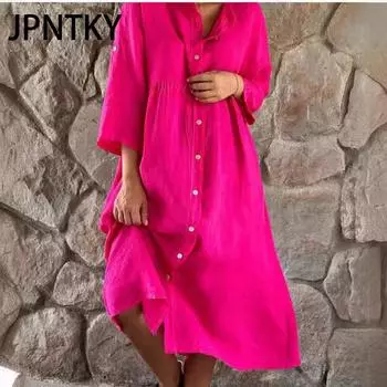 JPNTKY Женская мода осень-зима однотонные повседневные платья с длинным рукавом и воротником-поло S