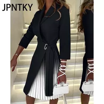 JPNTKY Женская мода осень-зима однотонные повседневные платья с принтом и рукавом 3/4 с воротником-поло S