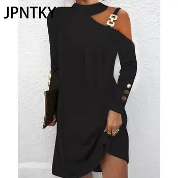 JPNTKY Женская мода осень-зима однотонные повседневные платья с длинным рукавом и принтом S чёрный