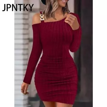 JPNTKY Женская мода осень-зима однотонные повседневные платья с длинным рукавом и принтом S чёрный