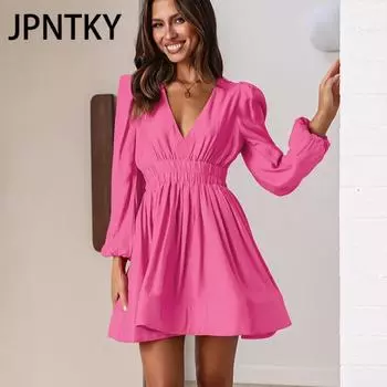 JPNTKY Женская мода осень-зима однотонный принт длинный рукав V-образный вырез высокая талия повседневные платья S чёрный