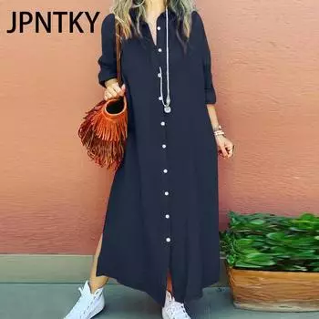 JPNTKY Женская мода осень-зима однотонные повседневные платья с длинным рукавом и воротником-поло S тёмно-синий
