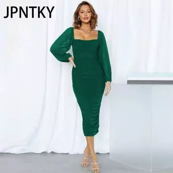 JPNTKY Женская мода осень-зима однотонный принт длинный рукав U-образный вырез высокая талия повседневные платья S