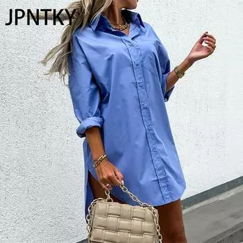 JPNTKY Женская мода осень-зима однотонный принт длинный рукав поло-воротник повседневные платья S белый