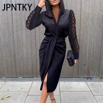 JPNTKY Женская мода осень-зима однотонный принт длинный рукав V-образный вырез повседневные платья S белый