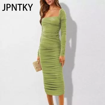 JPNTKY Женская мода осень-зима однотонный принт длинный рукав U-образный вырез тонкий повседневные платья S зелёный